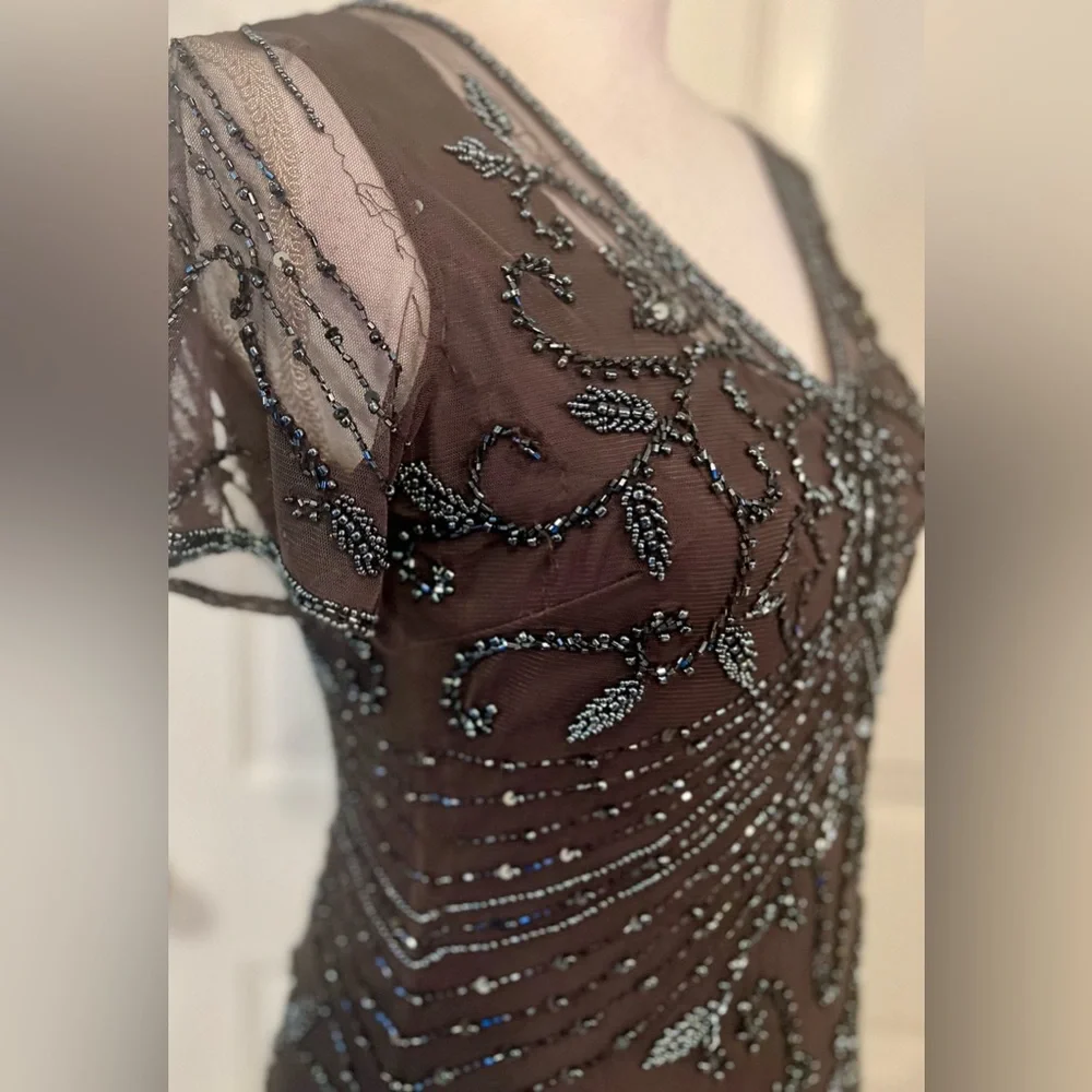 Pisarro Nights Cosmic Navy Beaded Gray Mesh Column  Formal Party Gown Size 4 - Picture 5 of 11